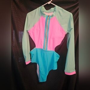 Colorblock zip up suit loveshackfancy look
